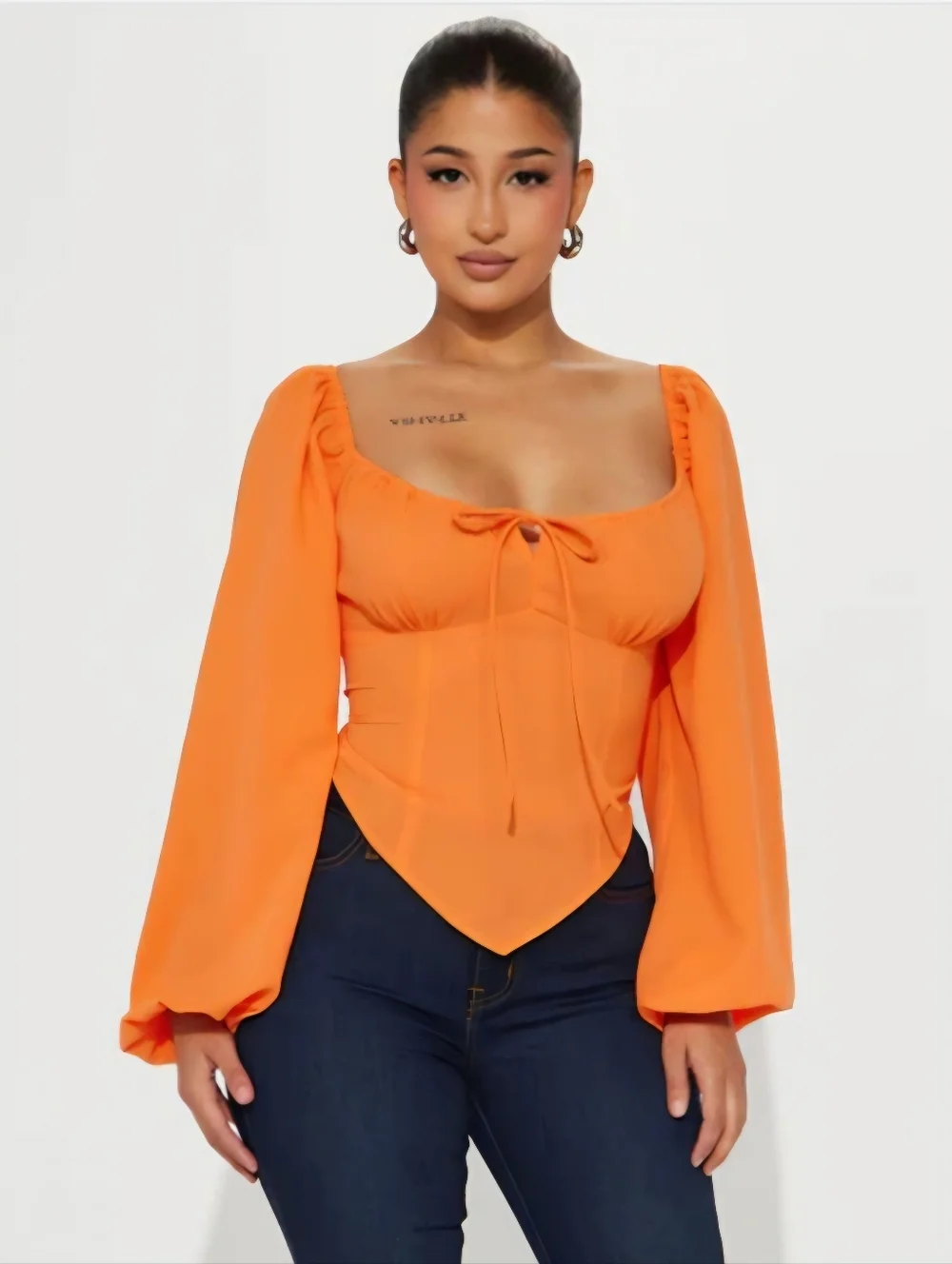 Fashion Nova Myrtie Peasant Top Bodycon Corset Shirt Bright Orange Size Medium